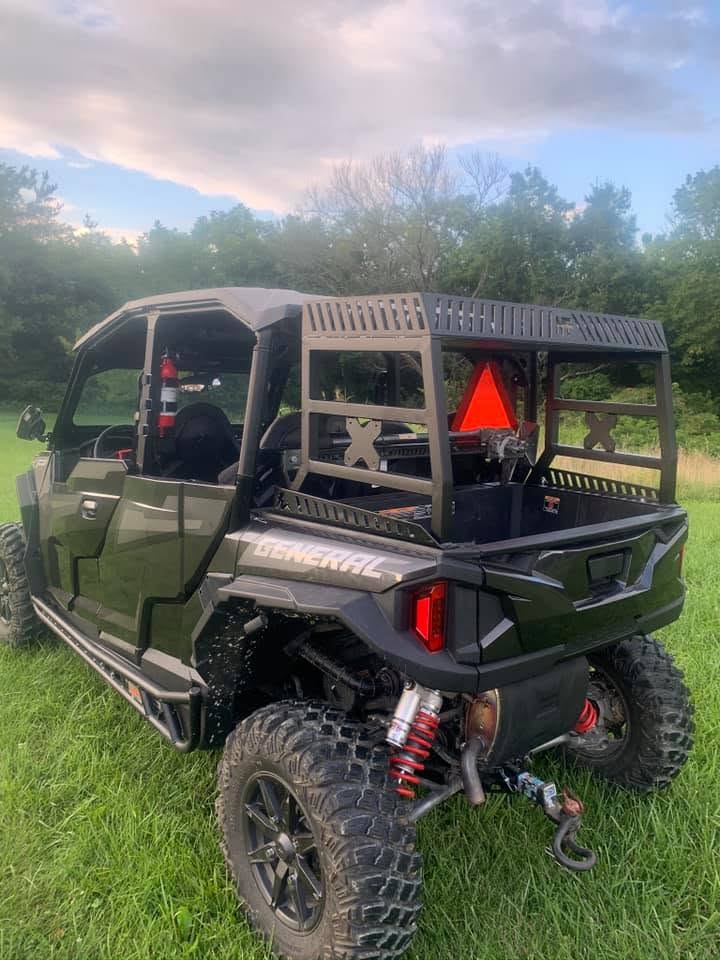 Polaris General side by side with the custom cargo rack installed