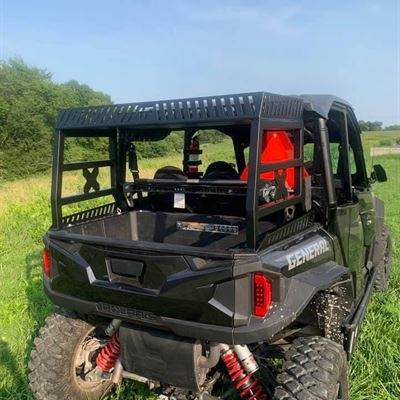 Rear view of the black cargo rack on a Polaris General