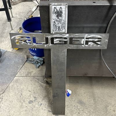 Steel memorial cross for Ruger in the shop