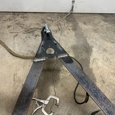Trailer tongue A-frame clamped up for welding