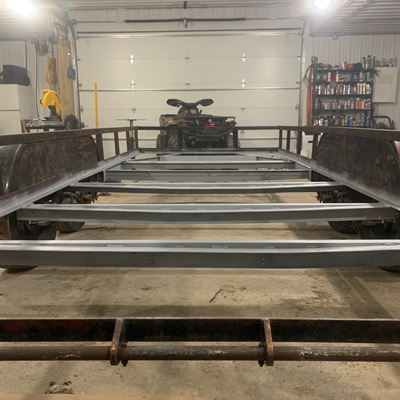 Trailer frame in the shop during the build