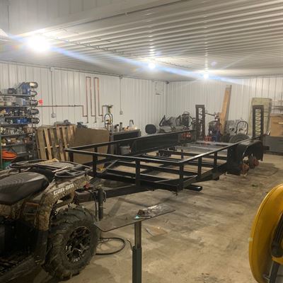 Steel trailer frame assembled in the shop